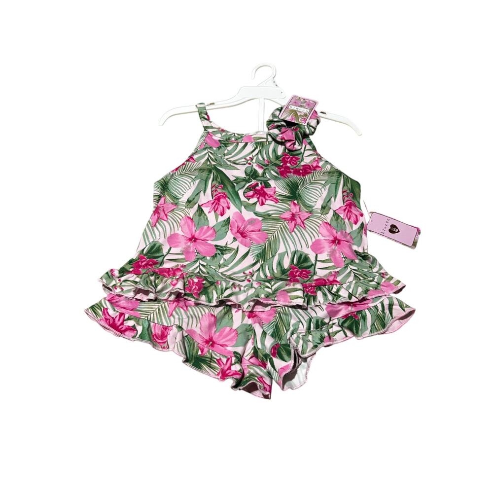 Btween 10 pink green floral ruffled pajama set with scrunchie super soft nwt